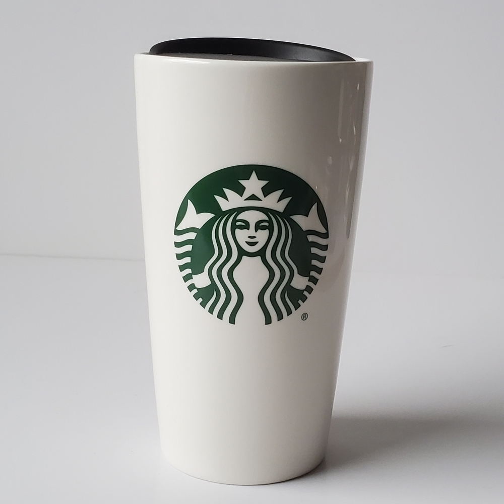 Starbucks Classic White & Green Coffee Traveler Tumbler Double Wall Ceramic Cup